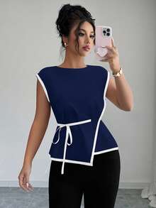 Elenzga Women's Elegant Commuter Waist Cinched Contrast Color Shirt - Navy Blue - View 5