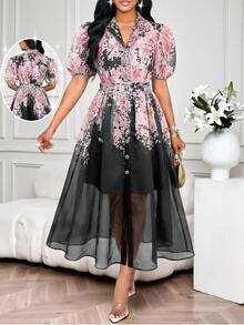 SHEIN Lady 女士优雅印花前扣花瓣袖连衣裙，夏季 - 黑色 - 查看 1
