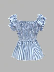 GlowEve Áo sơ mi nữ kẻ sọc dáng chữ A thanh lịch, lãng mạn, có bèo nhún ở eo. - Xanh và trắng - Xem 2