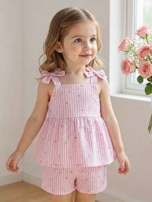 SHEIN 2件套女婴幼儿/新生儿0-3岁休闲日常可爱度假条纹蝴蝶结装饰吊带背心+短裤套装，春夏款 - 粉色 - 查看 5