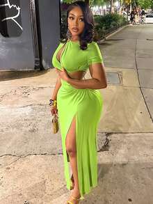 Glyssa 女士不对称镂空褶皱高开衩腰部镂空修身连衣裙，时尚闪亮新年派对夜店装，薄荷绿 - 薄荷綠 - 查看 4