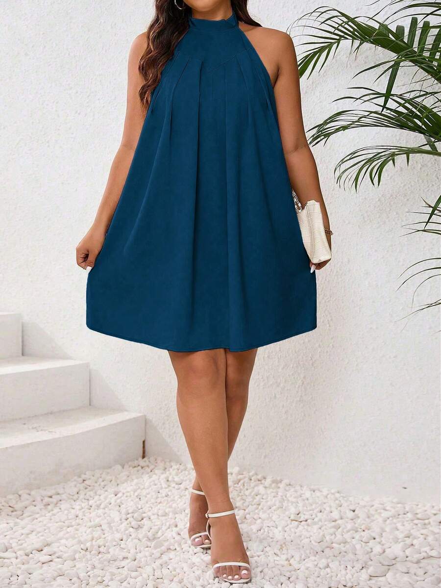 SHEIN Clasi 夏季加大码女式时尚纯色V领连衣裙 米色连衣裙 及膝连衣裙 优雅连衣裙 - 水鴨藍 - 查看 1
