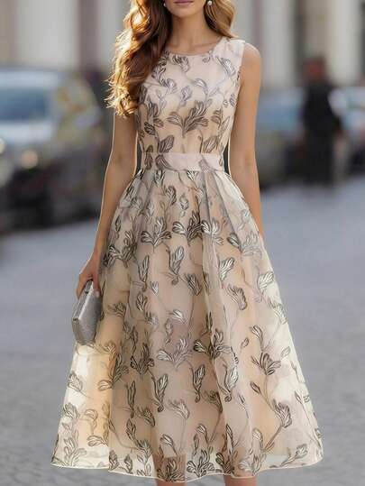 Balvessa New Elegant Leaf Pattern French Style Long Dress For Women, Spring/Summer/Autumn Wrap Around Dresses For Ladies Wrap Dress Wedding Guest Wow Dress Formal Dress Women Dress Classy Dress Elegant Dress