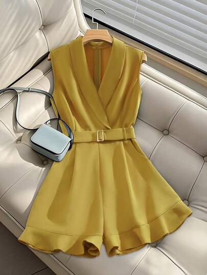 Franclia Mono de mujer con cuello en V tejido, sin mangas, cintura ceñida, con volantes en la cintura, para uso casual diario