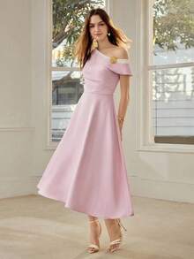 MOTF PREMIUM 女士休闲约会撞色拼接不对称肩部连衣裙，春夏款 - 粉色 - 查看 1