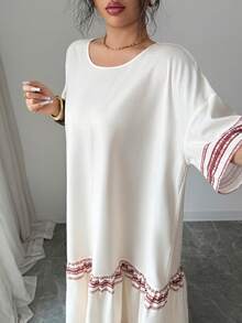 Al Najma 女士宽松短袖阿拉伯风格长裙 - 杏色 - 查看 4