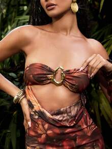 Hauture Vacation Beach Floral Print Hollow Out Dress - Brown - View 2