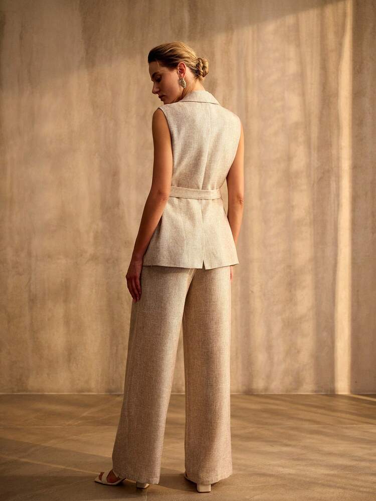 SPRING/SUMMER NEW DETACHABLE WAIST BELT VEST AND HIGH CINCHED WAIST PALAZZO PANTS SUIT FOR WOMEN