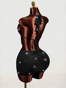 Mistrie Women's Sexy Sequin Backless Halter Top And Mini Skirt 2 Pieces Set, Summer - Black - View 2
