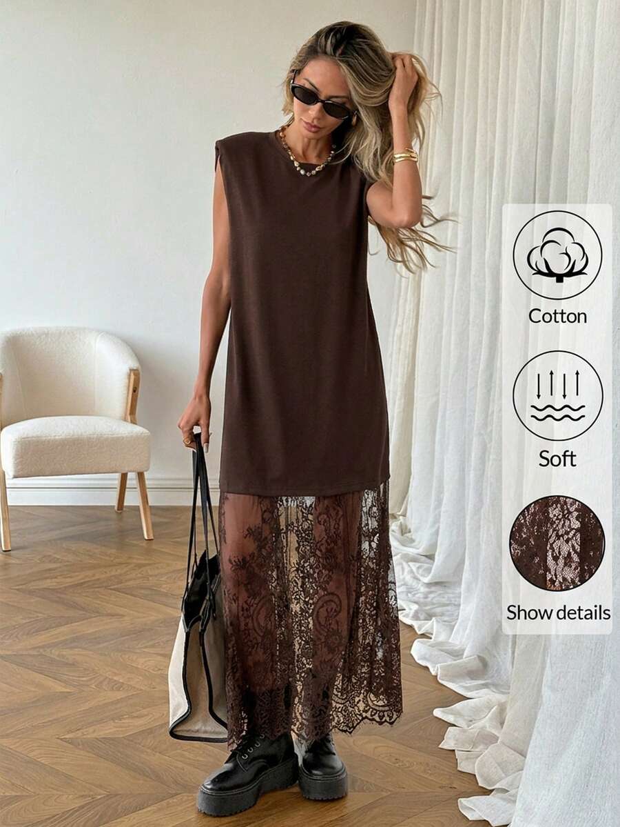 SHEIN LUNE Đầm dài không tay phối ren màu trơn dành cho nữ, trang phục cơ bản cho mùa xuân/hè mặc hàng ngày, đi làm và đi chơi. - màu nâu - Xem 1