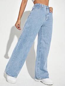 SHEIN ICON Plus Size Solid Color Pocket Design Casual Fashion Denim Pants - Blue - View 4