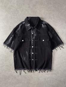 Áo denim nam thời trang viền tua rua, thích hợp cho mùa hè. - màu đen - Xem 1