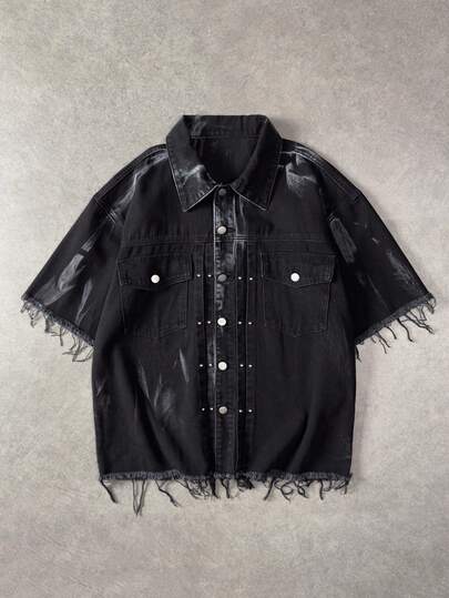 ROMWE MEN Men's Fashionable Fringe Trim Denim Top, Summer