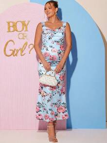Loomaby Maternity Floral Print Romantic Fishtail Hem Dress, Suitable For Summer Vacation - Baby Blue - View 6