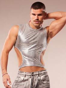 Men's Round Neck All-Over Print Hollow-Out Sexy Fashion Tank Top - Silver - View 3
