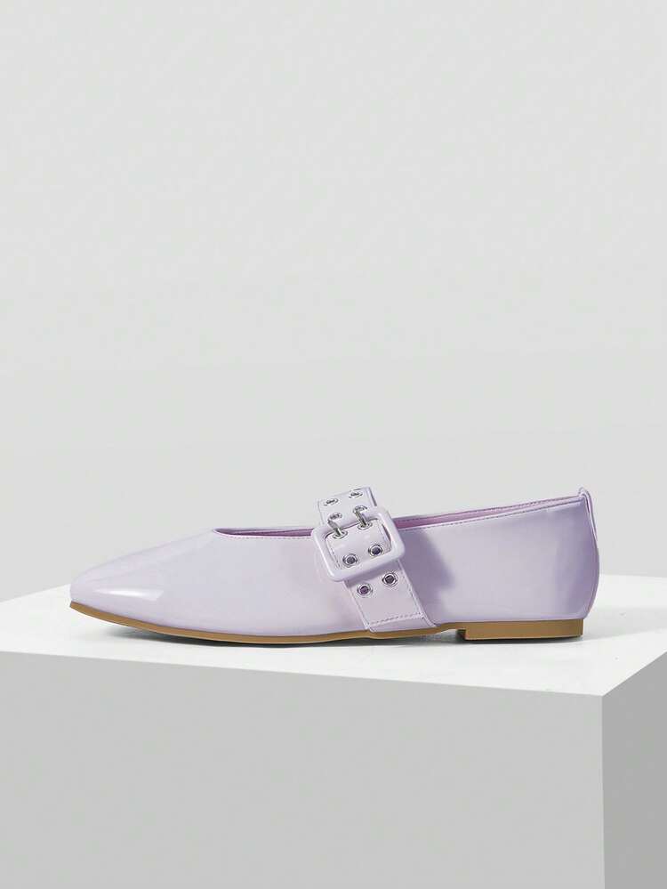 WOMEN SHOES NEW FRENCH RETRO FASHION LIGHT PURPLE PU LEATHER DOUBLE-BREASTED RIVET BUCKLE SQUARE TOE FLAT-SOLED SHOES, COMFORTABLE AND VERSATILE, LIGHTWEIGHT AND NOT TIRED FEET, SIMPLE ATMOSPHERE, CASUAL AND HIGH-END FOREIGN MARY JANE SHOES
