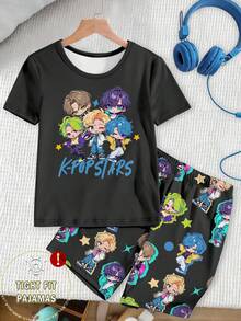 Tween Boys Pajama Set, Graphic Print Knit Crew Neck Top Paired With Allover Print Snug Fit Shorts, Summer - Black - View 1