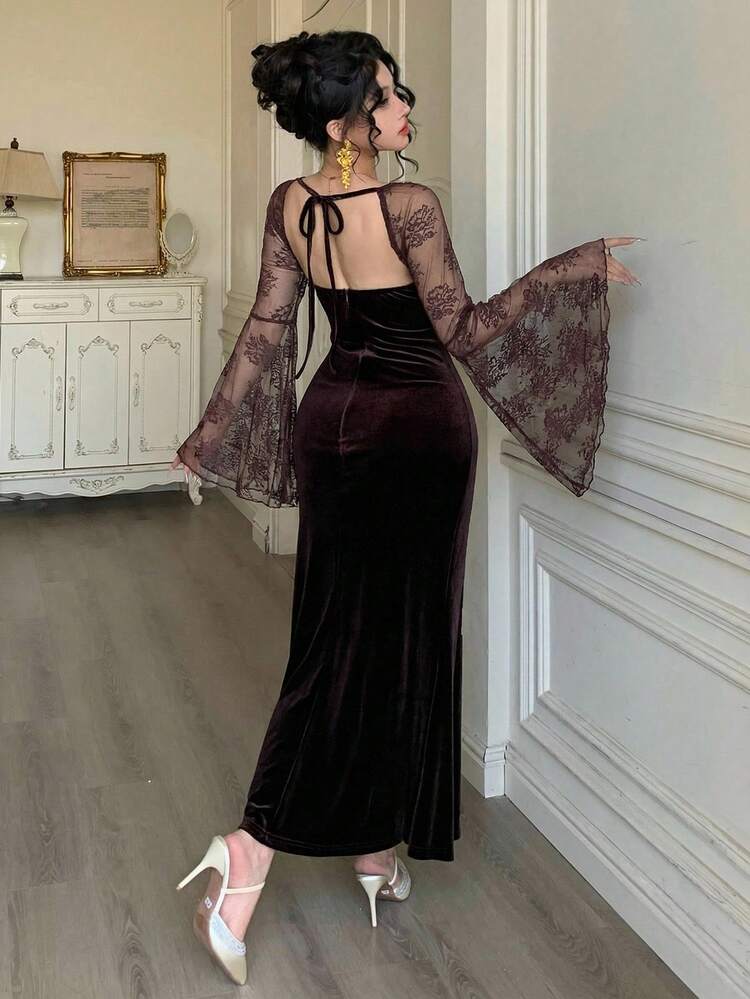 Women's Elegant Lace Patchwork Flare Sleeve Dress Sundress