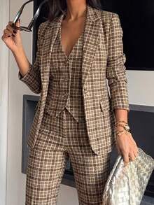 Ronhire بدلة نسائية عصرية من 3 قطع بنمط مربعات بني، تشمل بليزر بأكمام طويلة وخصر ضيق، سترة ضيقة، وبنطلون مربعات، بدلة بني، ملابس نسائية كاجوال للعمل، إطلالة محترفة، ملابس للتنقل، ملابس مكتبية - متعدد الألوان - مشاهدة 3