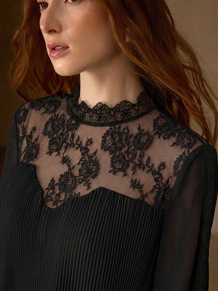 WOMEN'S ROMANTIC ELEGANT CONTRAST LACE LONG SLEEVE MINI DRESS, SPRING/SUMMER