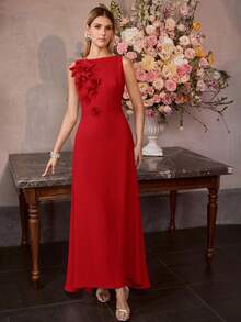 MOTF Soiréza WOMEN'S ROUND NECK SLEEVELESS 3D FLORAL LONG MERMAID DRESS, SPRING/SUMMER - Red - View 6