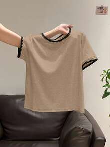 Resyla Áo thun ngắn tay cổ tròn phối màu tương phản dành cho nữ cỡ lớn, thích hợp mặc hàng ngày. - Nhiều màu - Xem 3