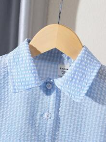 SHEIN Elladie kids 两件套女童格子领休闲衬衫上衣搭配直筒裤套装，适合日常休闲、户外活动和上学穿着。 - 藍色 - 查看 7