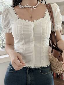 DAZY 女士夏季蕾丝边法式花瓣袖短款上衣 - 白色 - 查看 5