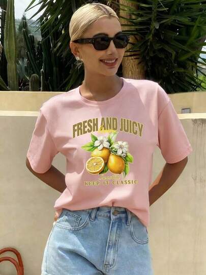 SHEIN Essnce Women's Minimalist Line Face Graphic Print Short Sleeve Round Neck T-Shirt, Casual Wear For Spring/Summer