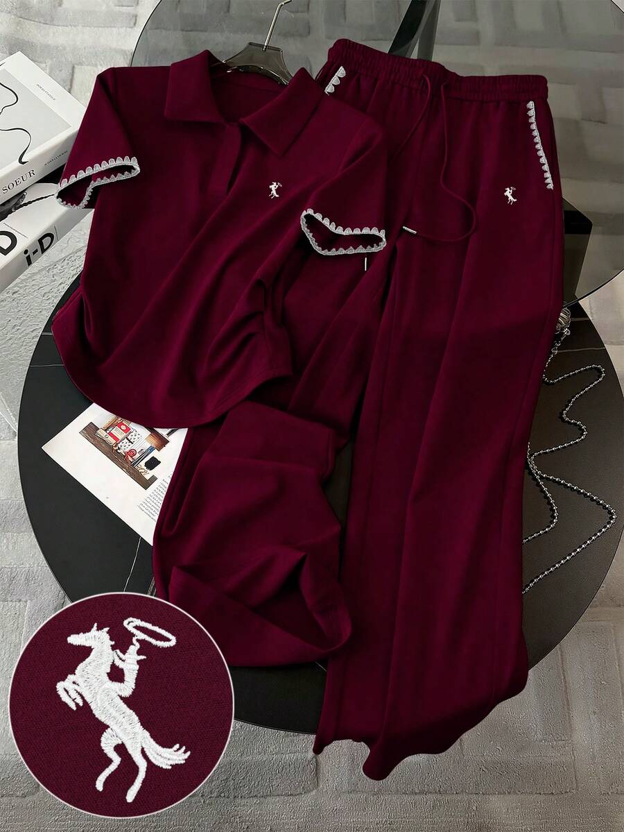 Resyla Shell Embroidery Design Women's Polo Collar T-Shirt + Pants 2-Piece Set, Fashionable Minimalist, Gift For Friends - Burgundy - View 1