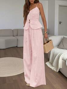 Airaco Conjunto de 2 peças com Regata com Babado na Barra e Botões na Frente e Calça Pantalona, Cor Sólida, Verão para Mulheres - Rosa Bebê - Visão 4