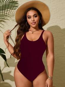 Swim Lushoire Plus Size Basic Round Neck Backless One-Piece Swimsuit - Burgundy - View 6