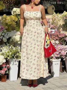 SHEIN MOD Vestido longo feminino plus size com estampa floral e alças com laço, ideal para o verão, formaturas, ocasiões formais e eventos sociais. Perfeito para o verão, festas e eventos formais. Vestido em tons pastel para mulheres. - Amarelo - Ver 9