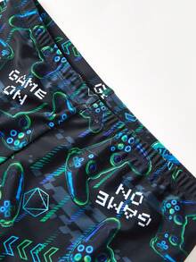 SHEIN 2pcs Teen Boys Casual Vacation Game Console With Night Vision Fluorescent Print Long-Sleeved Swimsuit And Swim Trunks, Suitable For Beach Vacations And Pool Parties, Perfect For Spring And Summer. - Black - View 5