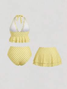 Sweetra CURVE Plus Size Contrast Color Polka Dot Print Halter Neck Swimsuit Set - Yellow - View 2
