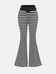 Girlism Tween Girls Striped Contrast Color Flare Pants, Casual Commuter Daily Outdoor Sports Leggings, Versatile For All Seasons - Black and White - View 5