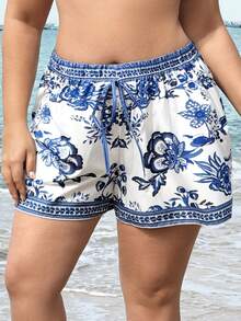 Swim Lushoire Plus Size Cross-Border Spring/Summer New Collection, Single Piece, Woven Fabric, Blue & White Printed Design, Elegant Resort-Style Women's Swimsuit Shorts/ Beach Coords For Women Shorts For Women Beach Shorts For Women Holiday - Blue and White - View 3