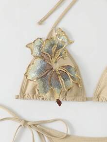 SHEIN Swim Oasis 3件套夏季新款亮片刺绣花卉三角比基尼聚拢泳衣女款 - 杏色 - 查看 3