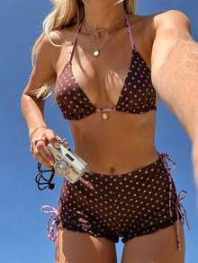 Bonvoyette Women's Summer Seaside Vacation Cute Polka Dot Print Sexy Backless Halter Tie Bikini Set With Shorts And Cover-Up, 3 PiecesSwimsuit Set Beach Brown - Multicolor - View 5
