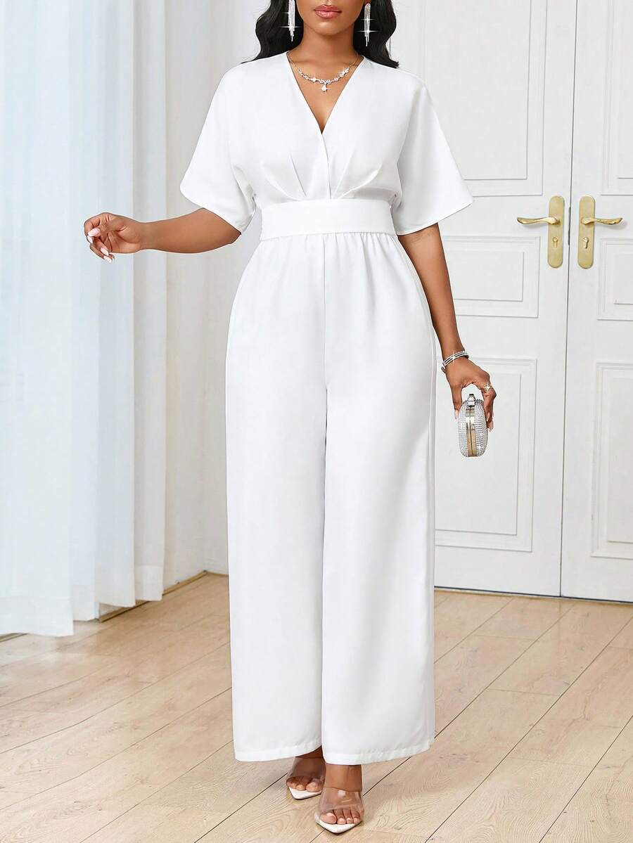 SHEIN Lady Bộ áo liền quần trắng thanh lịch mùa hè dành cho nữ, trang phục mùa hè cho nữ, trang phục đi nghỉ mát cho nữ - trắng - Xem 1