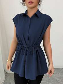 Elenzga Women's Solid Color Casual Vacation Style Shirt Collar Button Down Waist Drawstring A-Line Dropped Shoulder Blouse Top - Navy Blue - View 3
