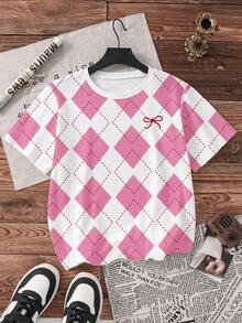 Girls' Oversized Short Sleeve Top, Rhombus Element Digital Print Fashion Casual, Round Neck Short Sleeve T-Shirt Comfortable And Versatile, Suitable For All Seasons - White - View 4