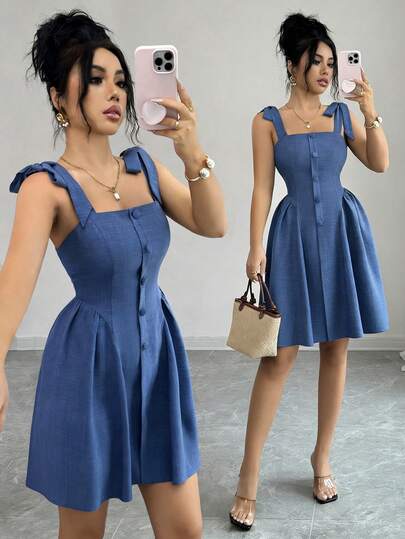 Elenzga New Shoulder Strap Tie-Up Textured Two-Tone Woven Fitted Young Elegant Commuter Versatile Women Short Dress