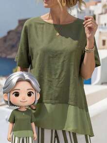 EMERY ROSE 女士圆领短袖休闲宽松衬衫 - 綠色 - 查看 6