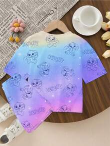 1 Set Tween Girls Blue Summer Cute Vacation Rabbit Heart Bow Letter Gradient Print Short Sleeve T-Shirt And Shorts Set,Casual Comfortable Fashion - Multicolor - View 2