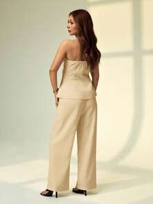 SHEIN PETITE Bộ 2 món áo quây và quần màu trơn dành cho nữ, kiểu dáng thường ngày. - Màu Khaki - Xem 3