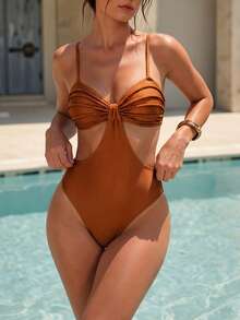 Swim Glamine Áo tắm liền thân không lưng màu trơn dành cho nữ, thích hợp cho kỳ nghỉ và đi biển. - màu nâu - Xem 5