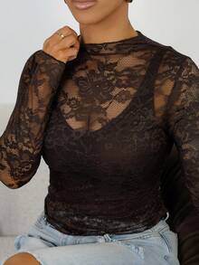 SAYEHFBABY Women's Elastic Lace Peony Floral See-Through Sexy Top (Random Cut) Fall Cloth For Women - Chocolate Brown - View 3