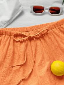 Comfortcana Women's Casual Loose Drawstring Solid Color Shorts, Versatile Daily Wear Coral Orange Linen Shorts - Coral Orange - View 6
