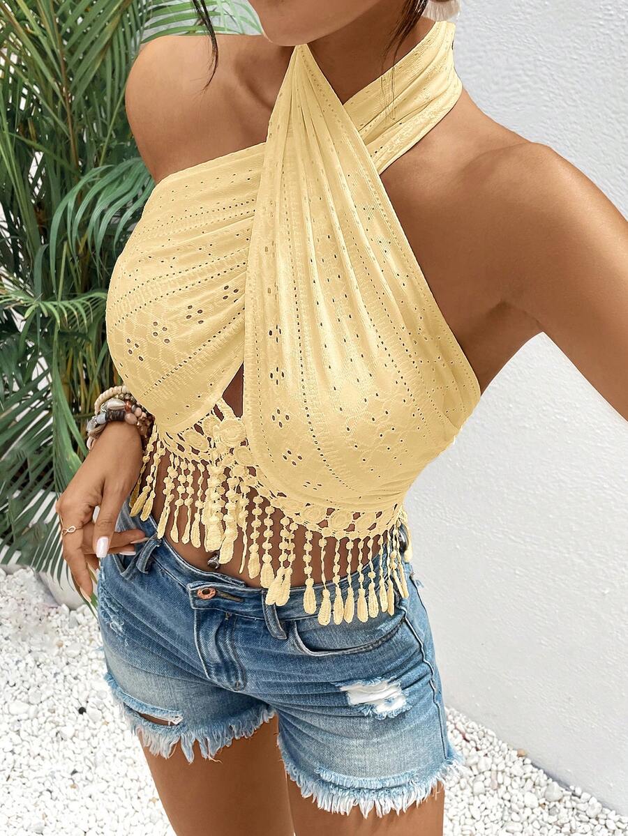 SHEIN VCAY Áo tank top nữ dây chéo phối ren tương phản cho kỳ nghỉ - Màu vàng ngỗng - Xem 1